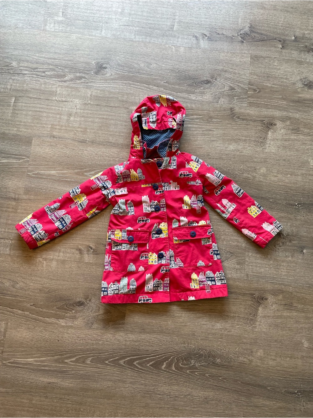 Mini Boden Hooded Raincoat with City Print - Red, size 5-6 yrs